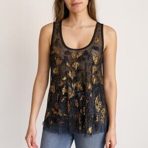 Free People Black Gold Sequin Beaded Sheer Tank Top Size XS